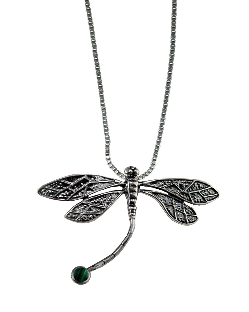 Sterling Silver Graceful Dragonfly Pendant With Malachite